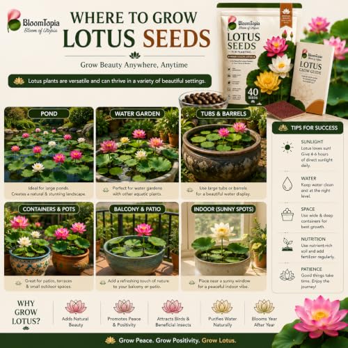Lotus growing-location illustrations for outdoor containers and ponds.