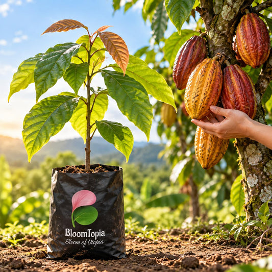Illustration comparing young Cocoa nursery growth with a mature plant.