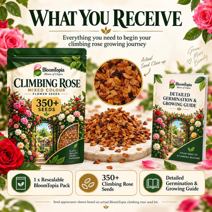 Rose seed pack, loose seeds and pack-contents panel.