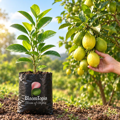 Illustration comparing young Kolkata Pati Lebu Lemon nursery growth with a mature plant.