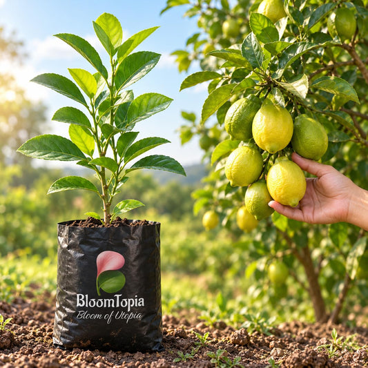 Illustration comparing young Kolkata Pati Lebu Lemon nursery growth with a mature plant.