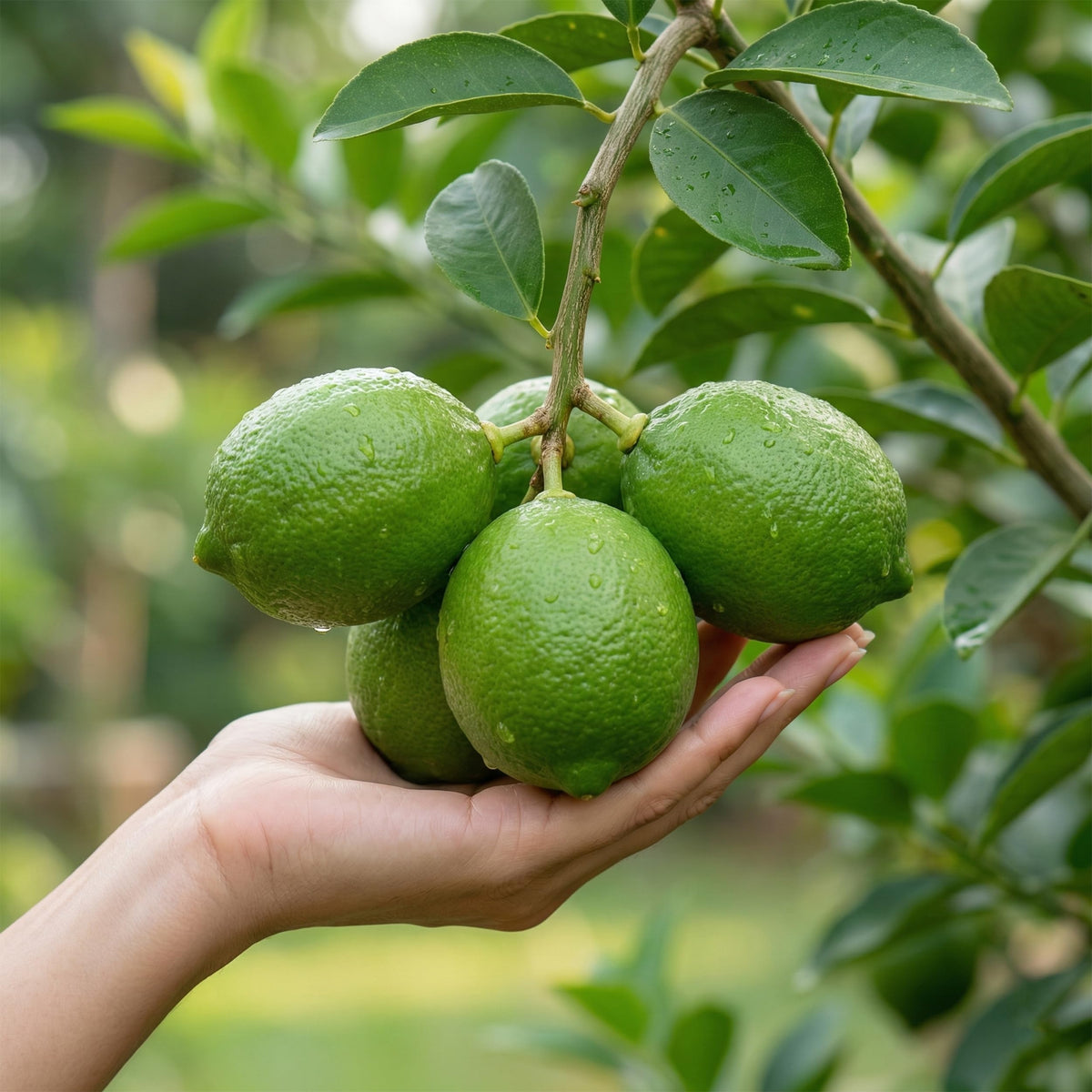 Hand holding three green citrus fruits.