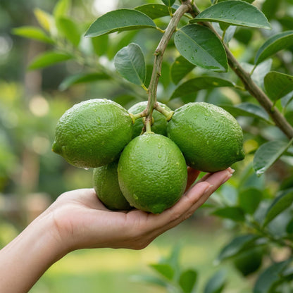 Hand holding three green citrus fruits.