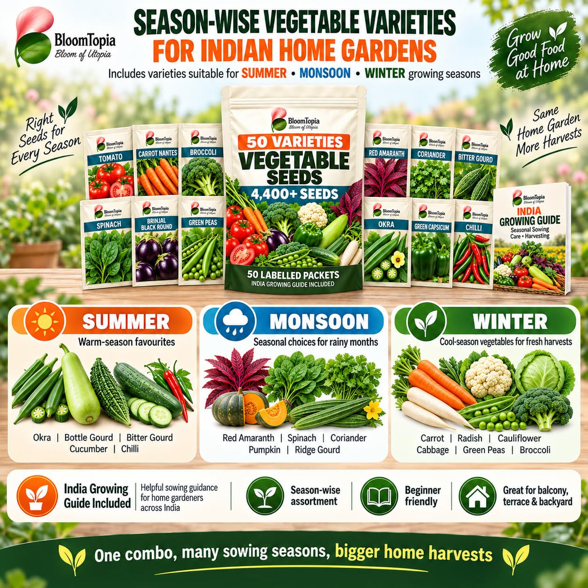 Seasonal vegetable varieties and seed kit packaging.