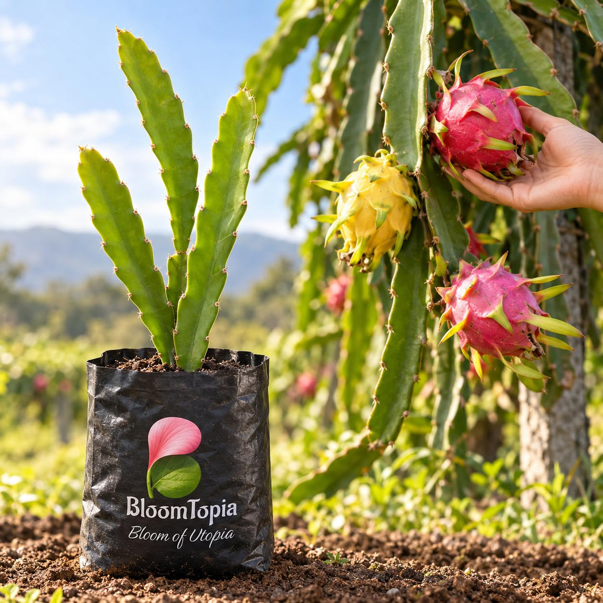 Illustration comparing young Dragon Fruit nursery growth with a mature plant.