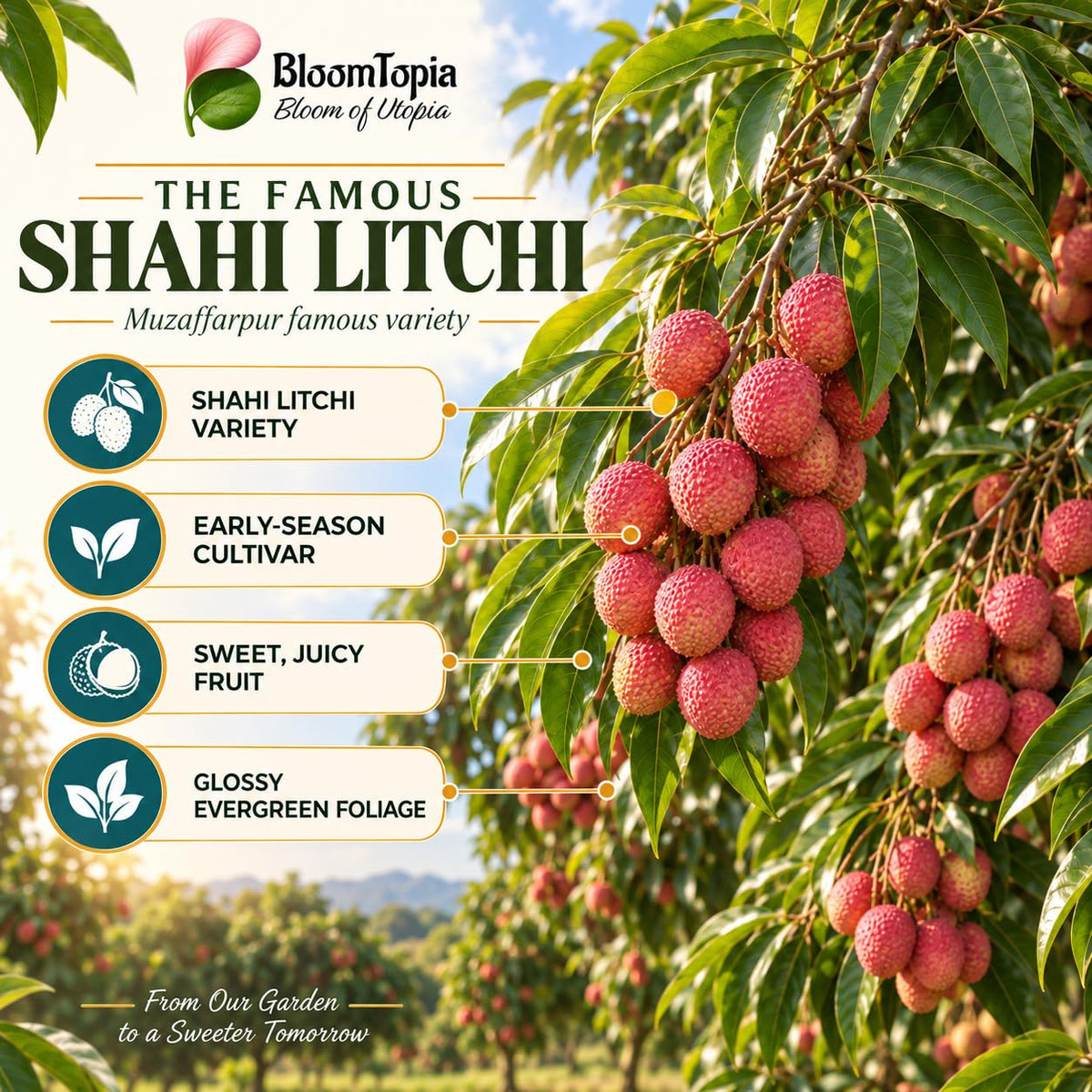 Illustration of mature Muzaffarpur Shahi Litchi features with variety callouts.