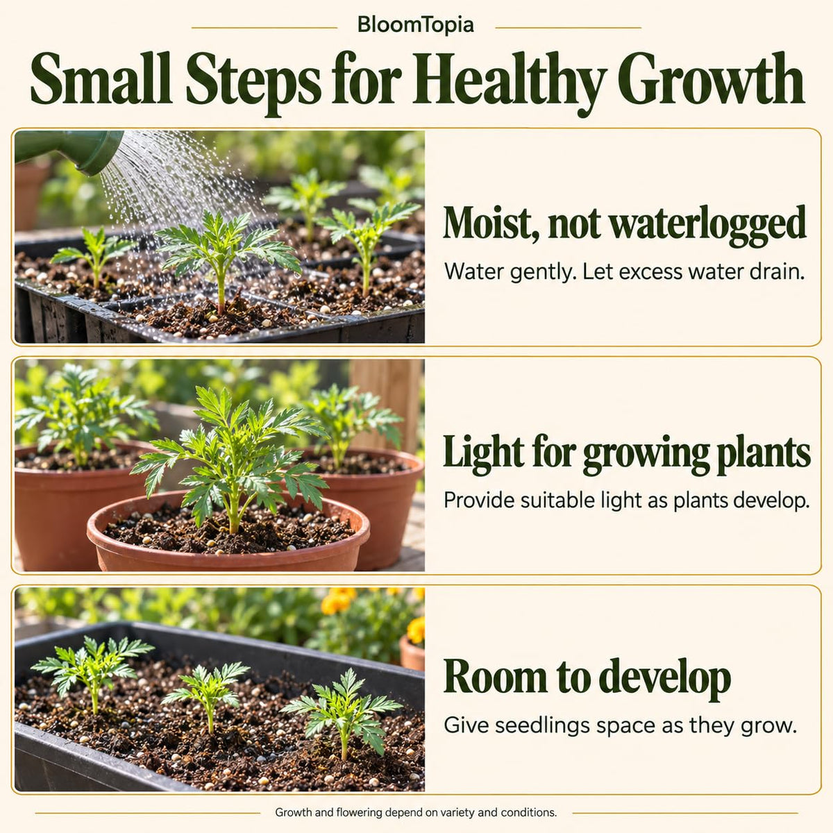 Marigold moisture, light and spacing guide.