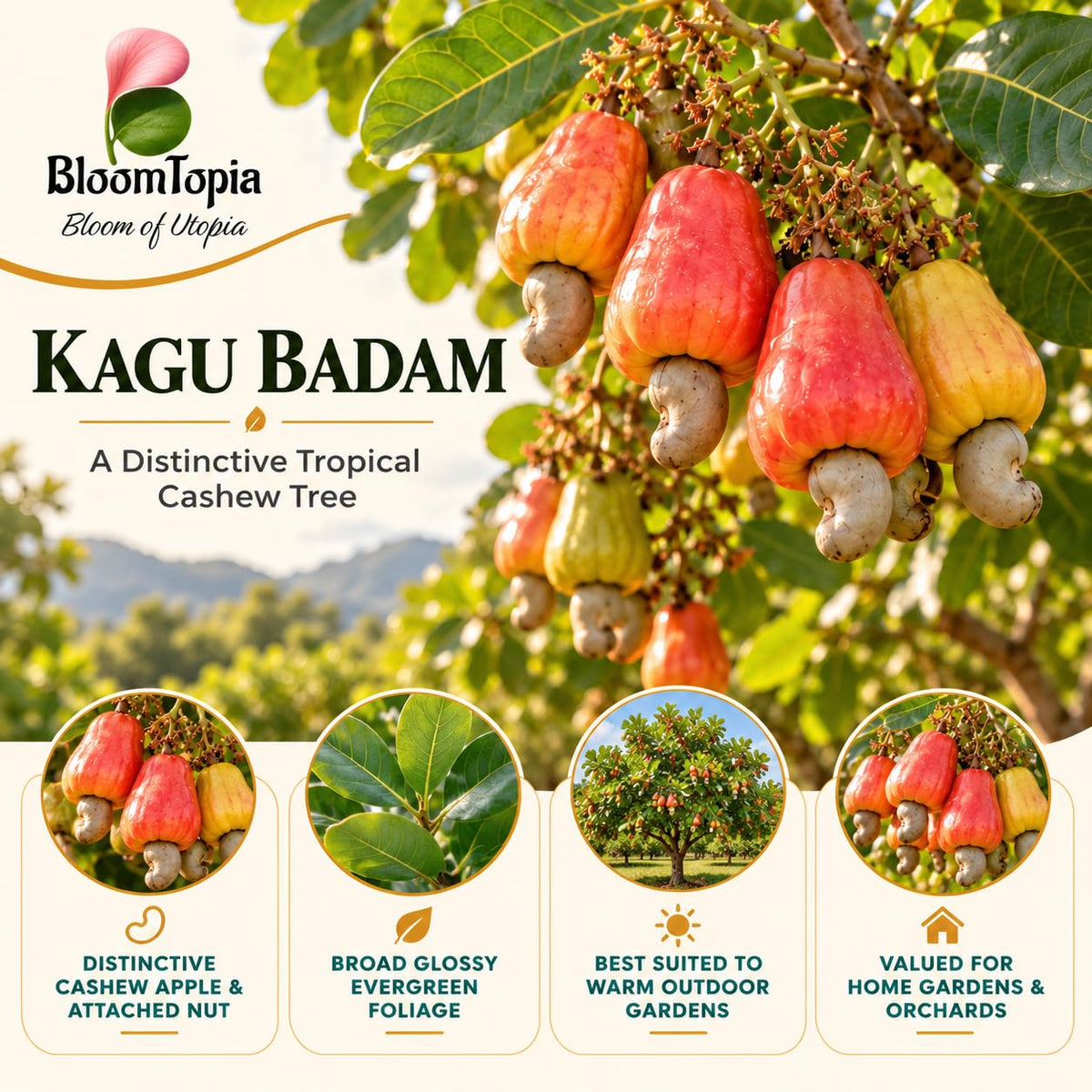 Illustration of mature Kaju Badam Cashew Nut features with variety callouts.