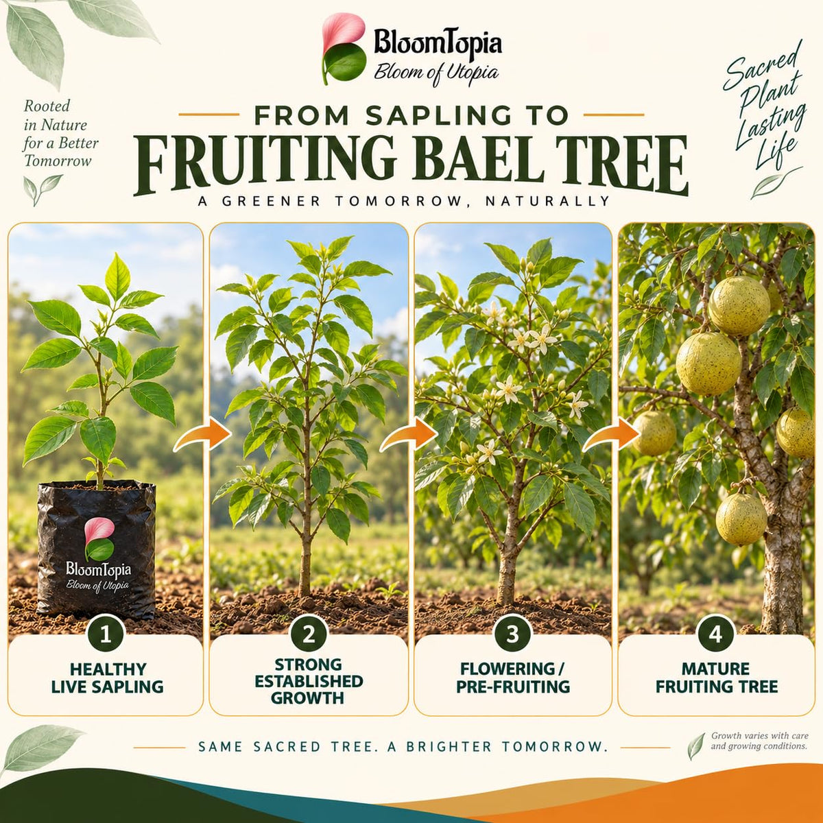 Illustrated growth stages for Bel Patra Bael Bilva, from young plant to mature growth.