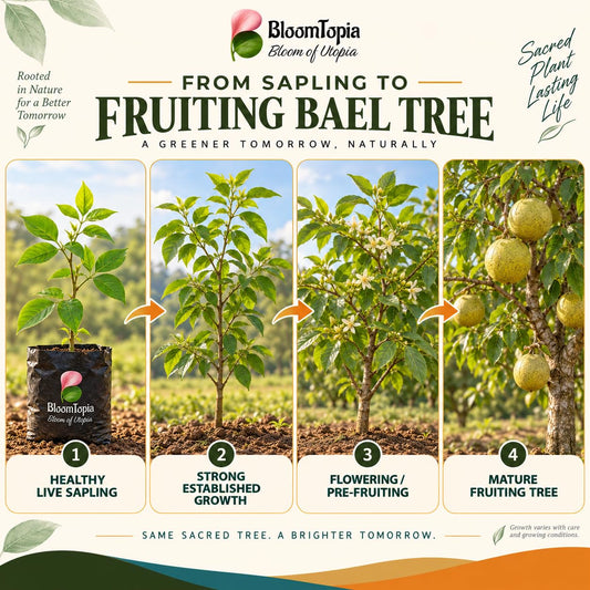 Illustrated growth stages for Bel Patra Bael Bilva, from young plant to mature growth.