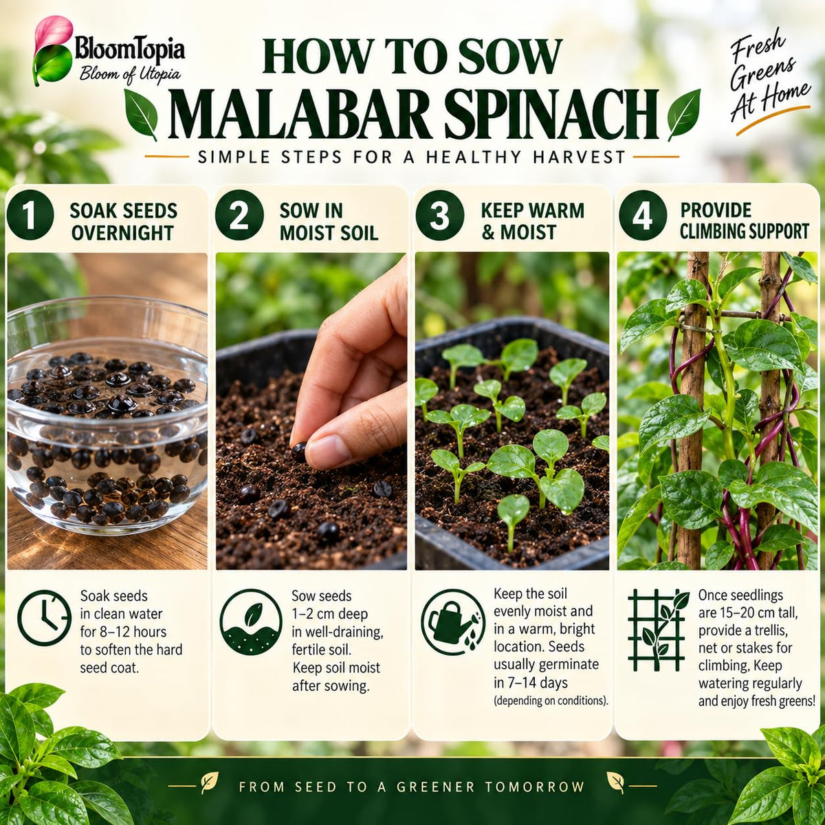 Malabar spinach sowing and support guide.