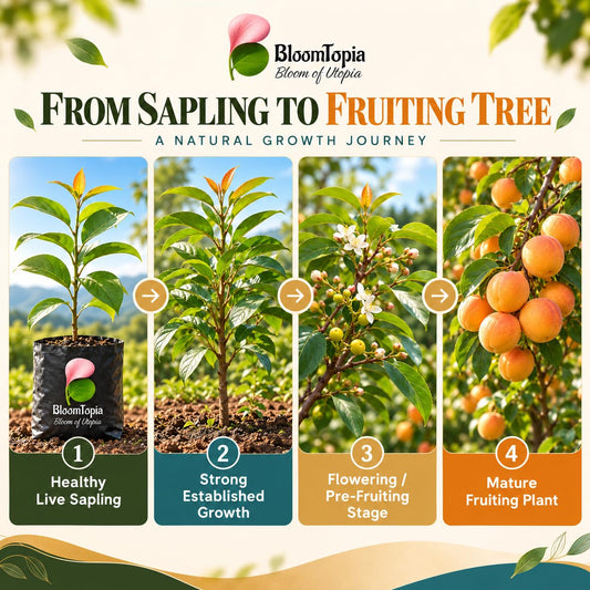 Illustrated growth stages for Abiu Fruit, from young plant to mature growth.