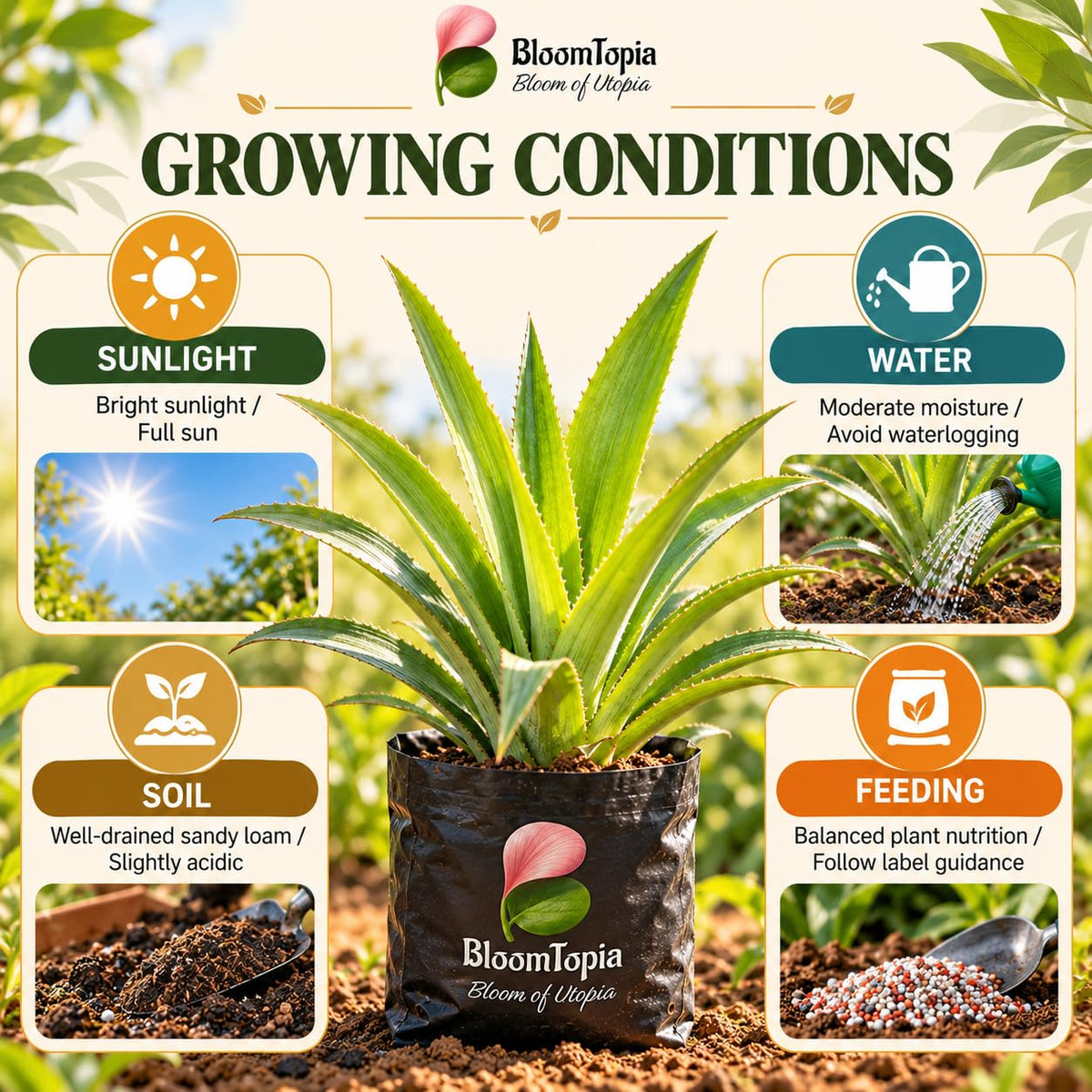 Sunlight, water, soil and feeding guide for Pineapple (Ananas).