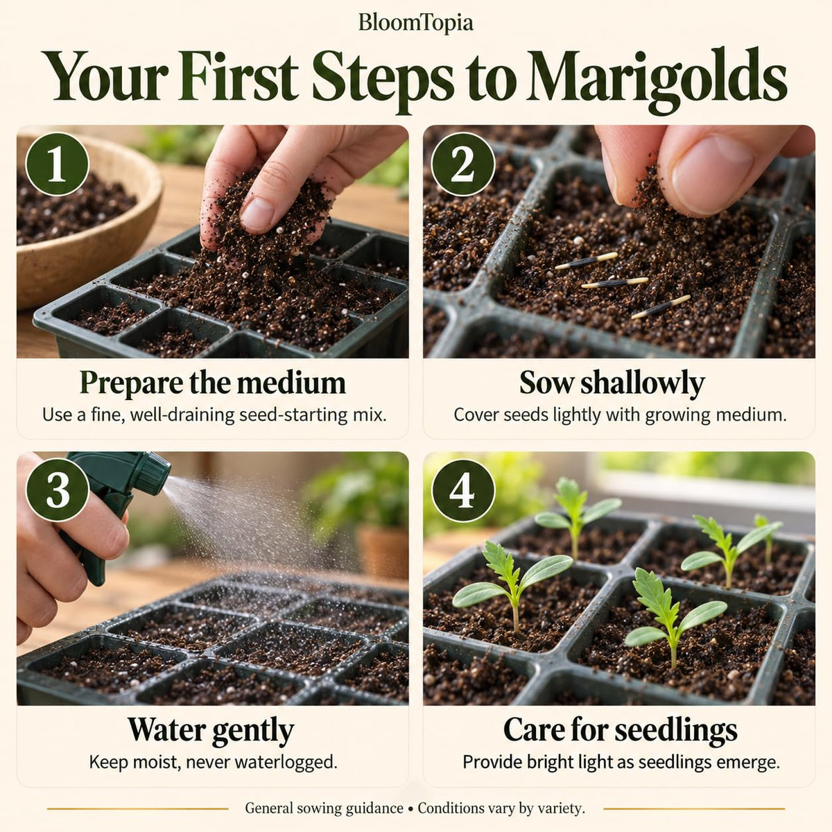Four-step marigold sowing and seedling-care guide.