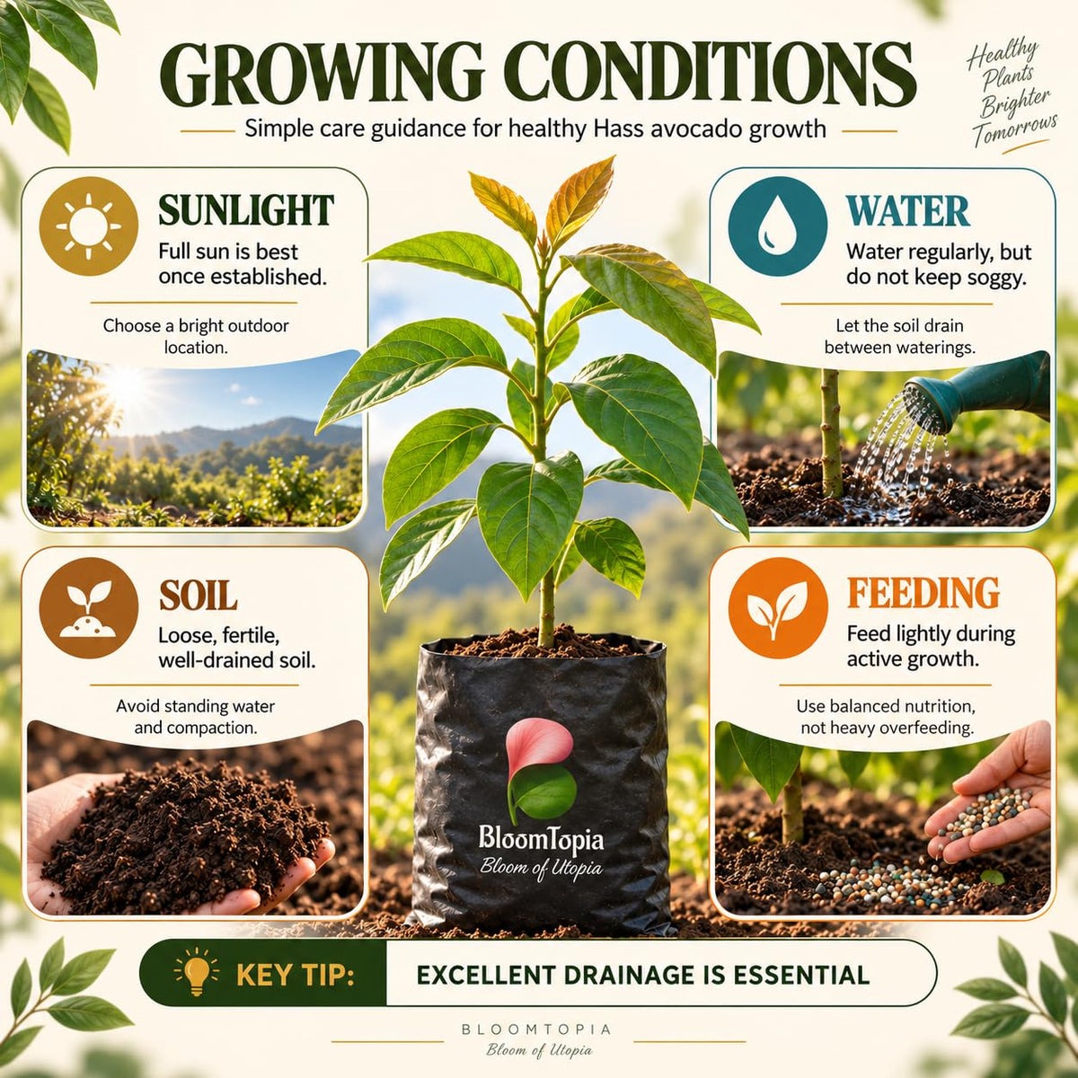 Sunlight, water, soil and feeding guide for Hass Avocado.
