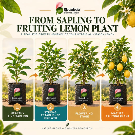Illustrated growth stages for Hybrid All-Season Lemon, from young plant to mature growth.