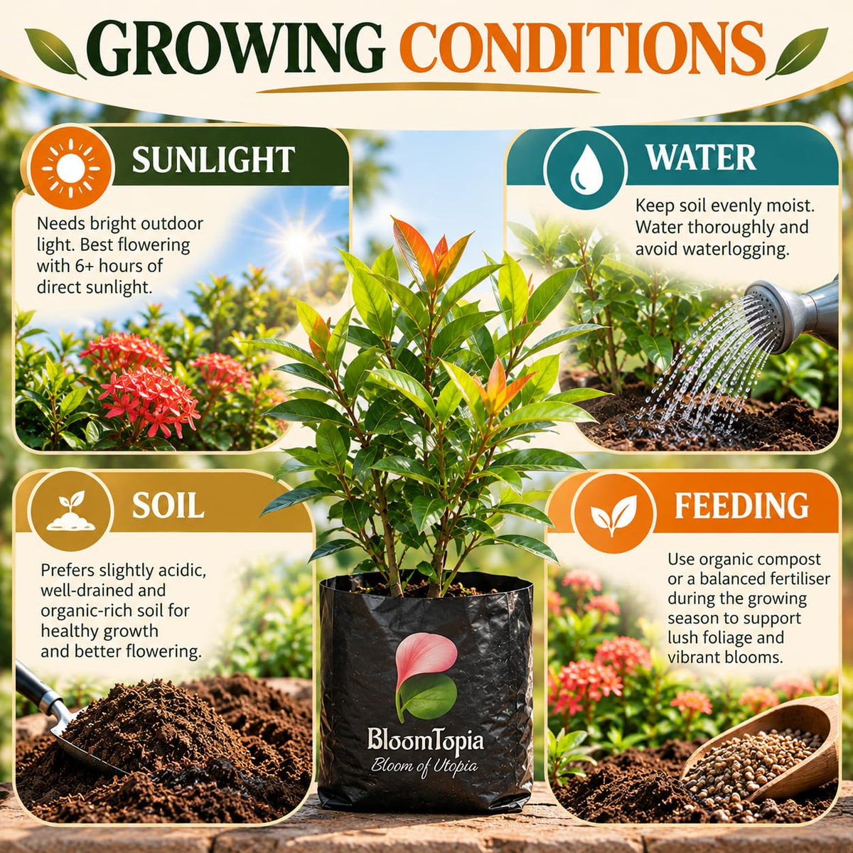 Sunlight, water, soil and feeding guide for Ixora Rangan Flowering.