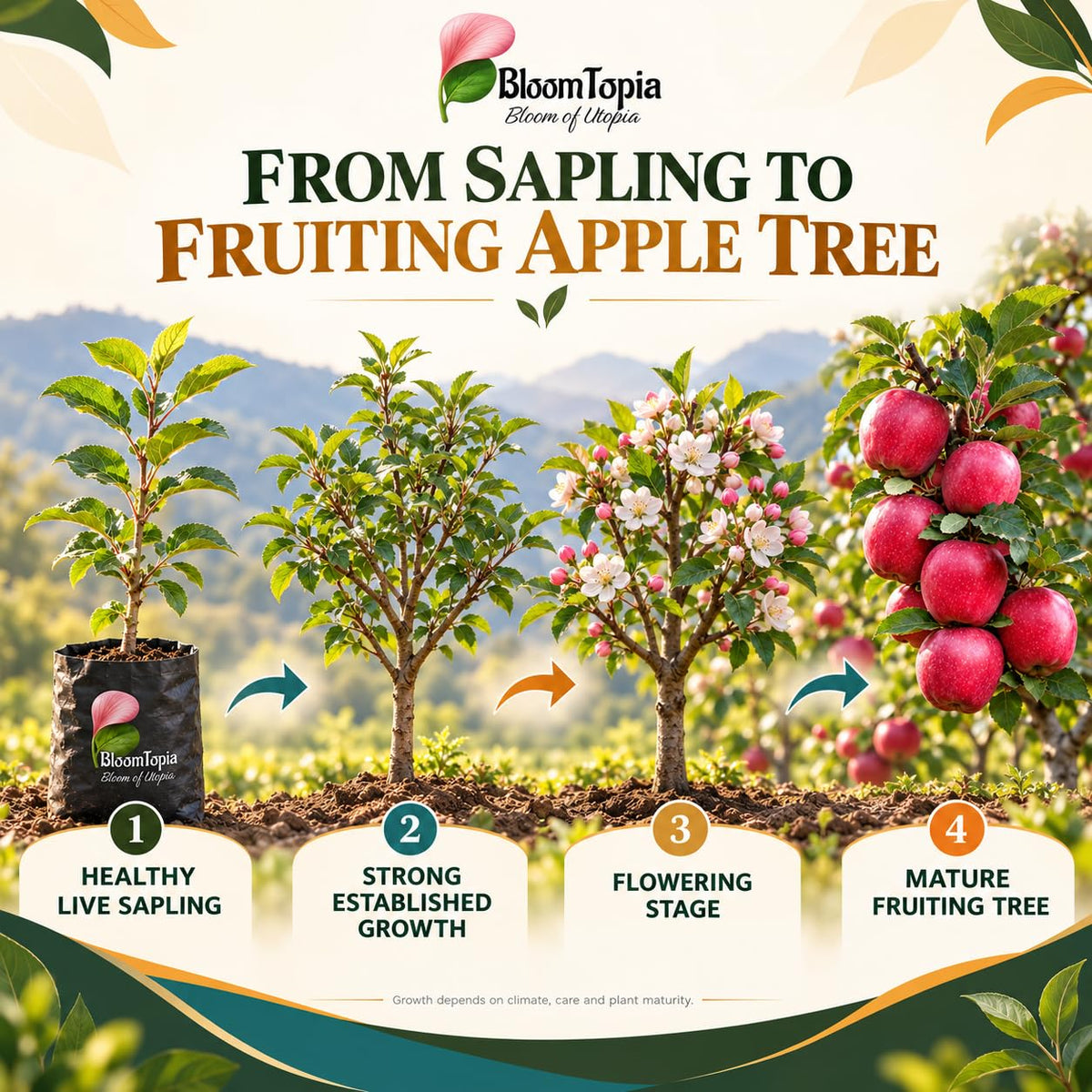 Illustrated growth stages for Kashmiri Apple, from young plant to mature growth.
