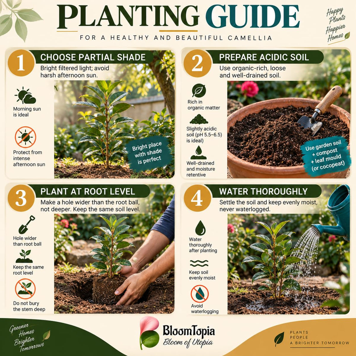 Step-by-step planting illustration for Rare Red Hybrid Camellia.
