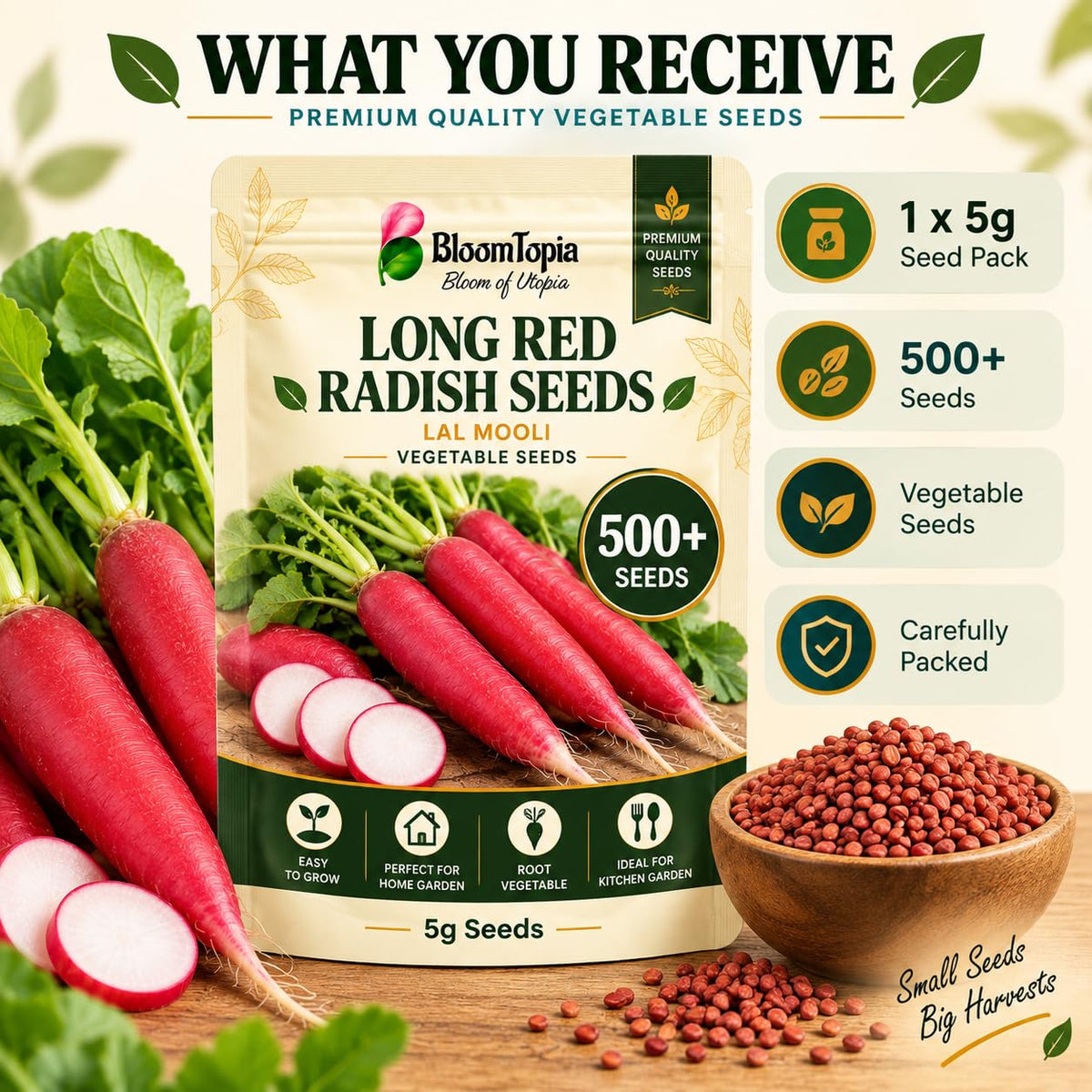 Radish seed pack with seed-count and net-weight information.