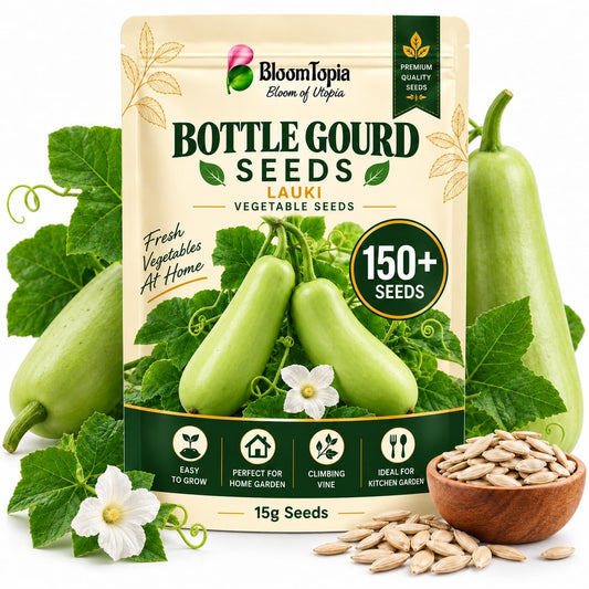BloomTopia bottle gourd seed pouch beside illustrated gourds and loose seeds.