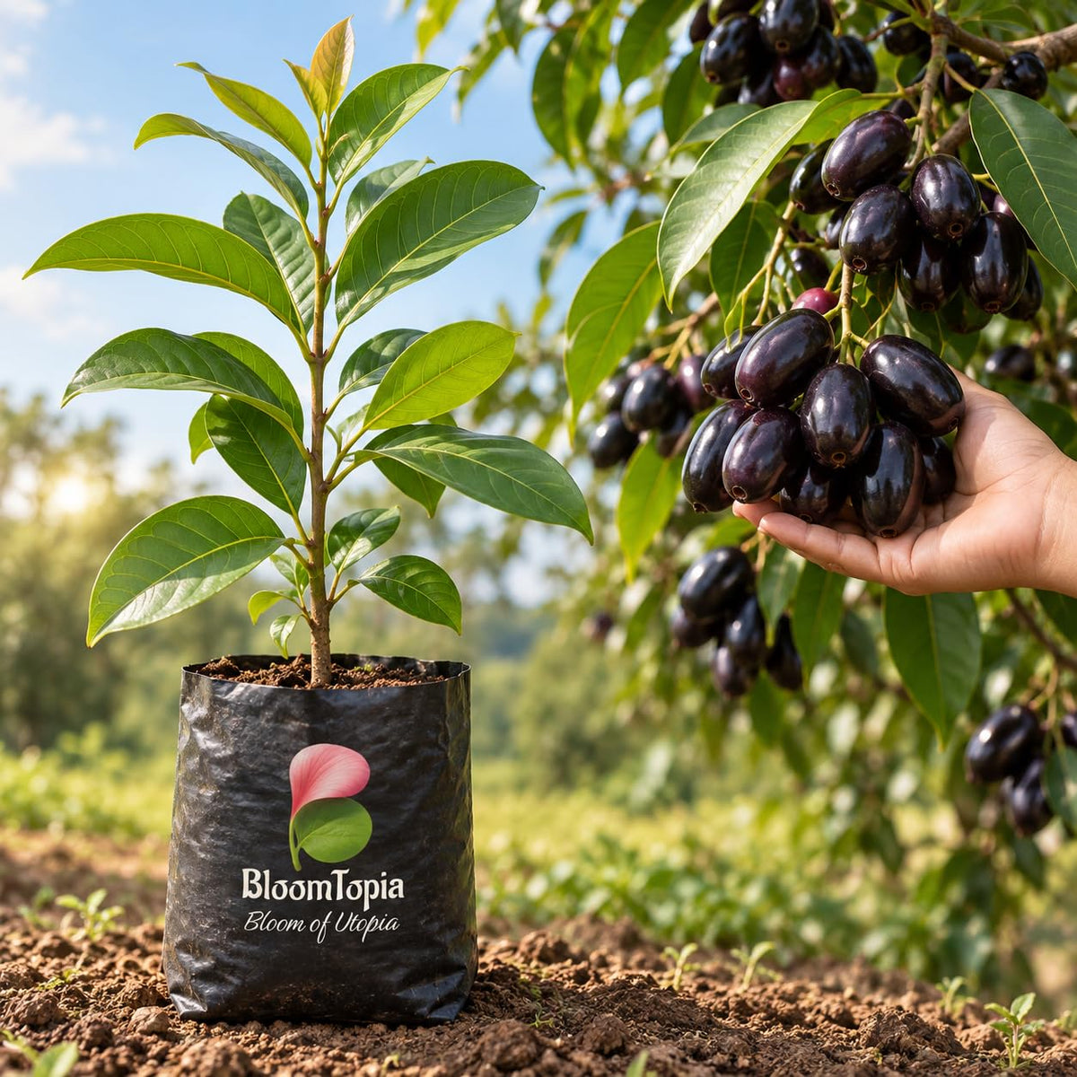 Illustration comparing young Thai KG 10 Black Jamun nursery growth with a mature plant.