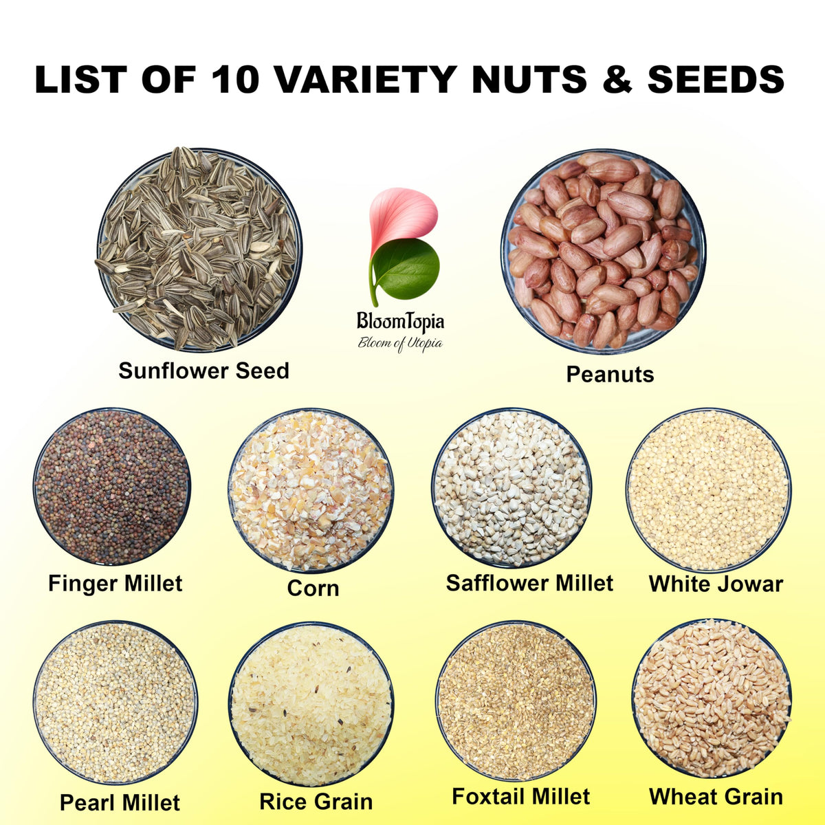 Labelled grain, seed and nut ingredients.