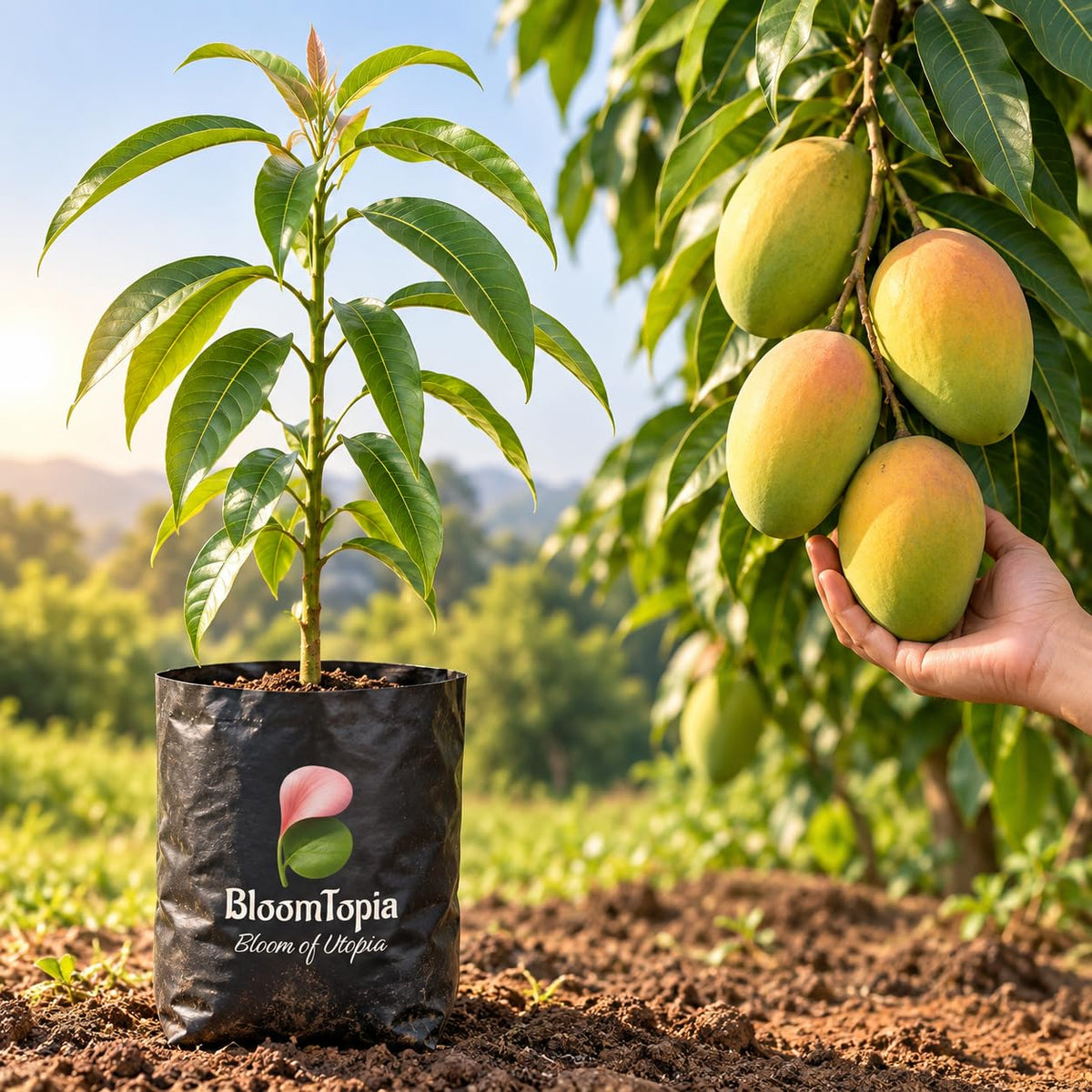 Illustration of a All-Season Mango sapling in a nursery bag beside mature plant growth.