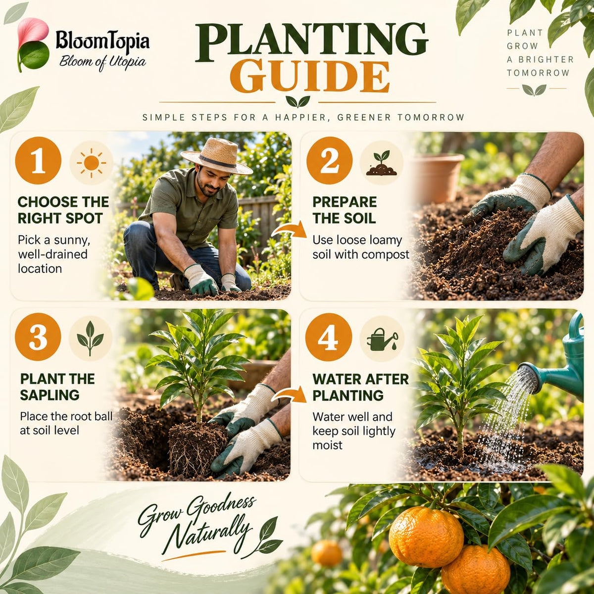 Step-by-step planting illustration for Darjeeling Orange.