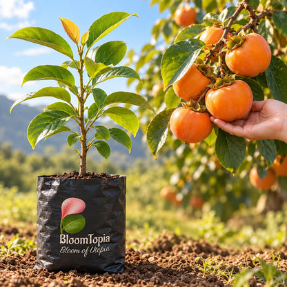 Illustration of a young persimmon plant beside mature fruit.