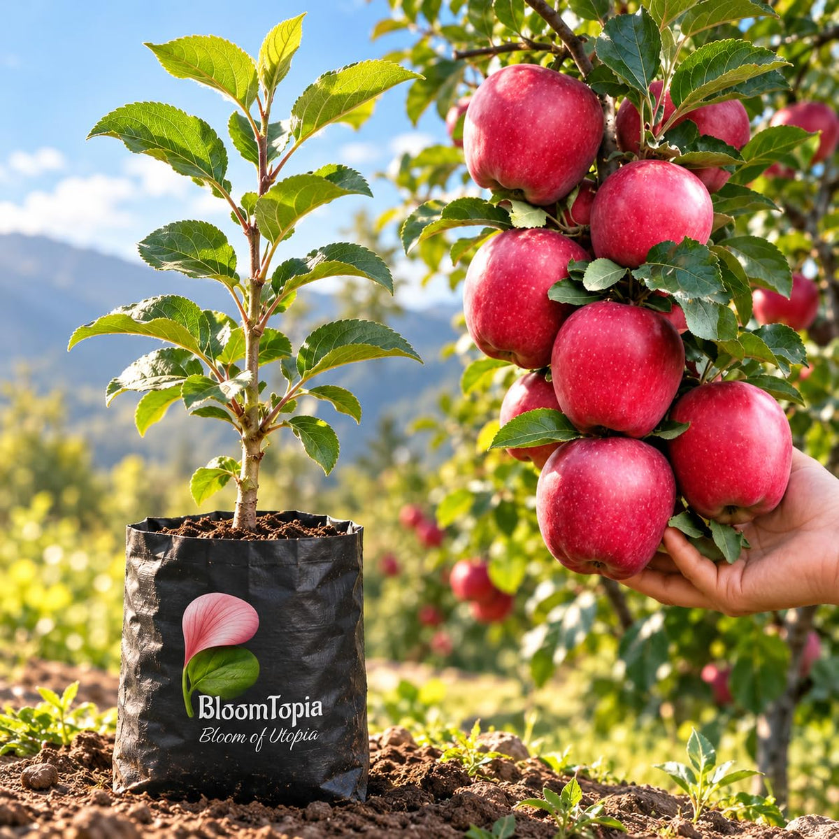 Illustration comparing young Kashmiri Apple nursery growth with a mature plant.