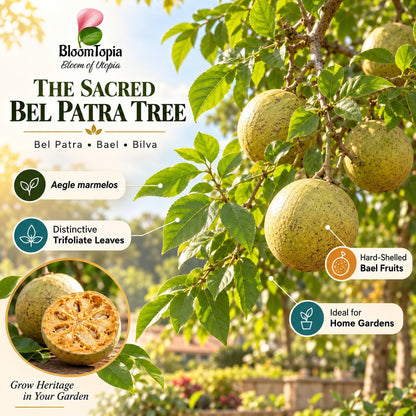 Illustration of mature Bel Patra Bael Bilva features with variety callouts.