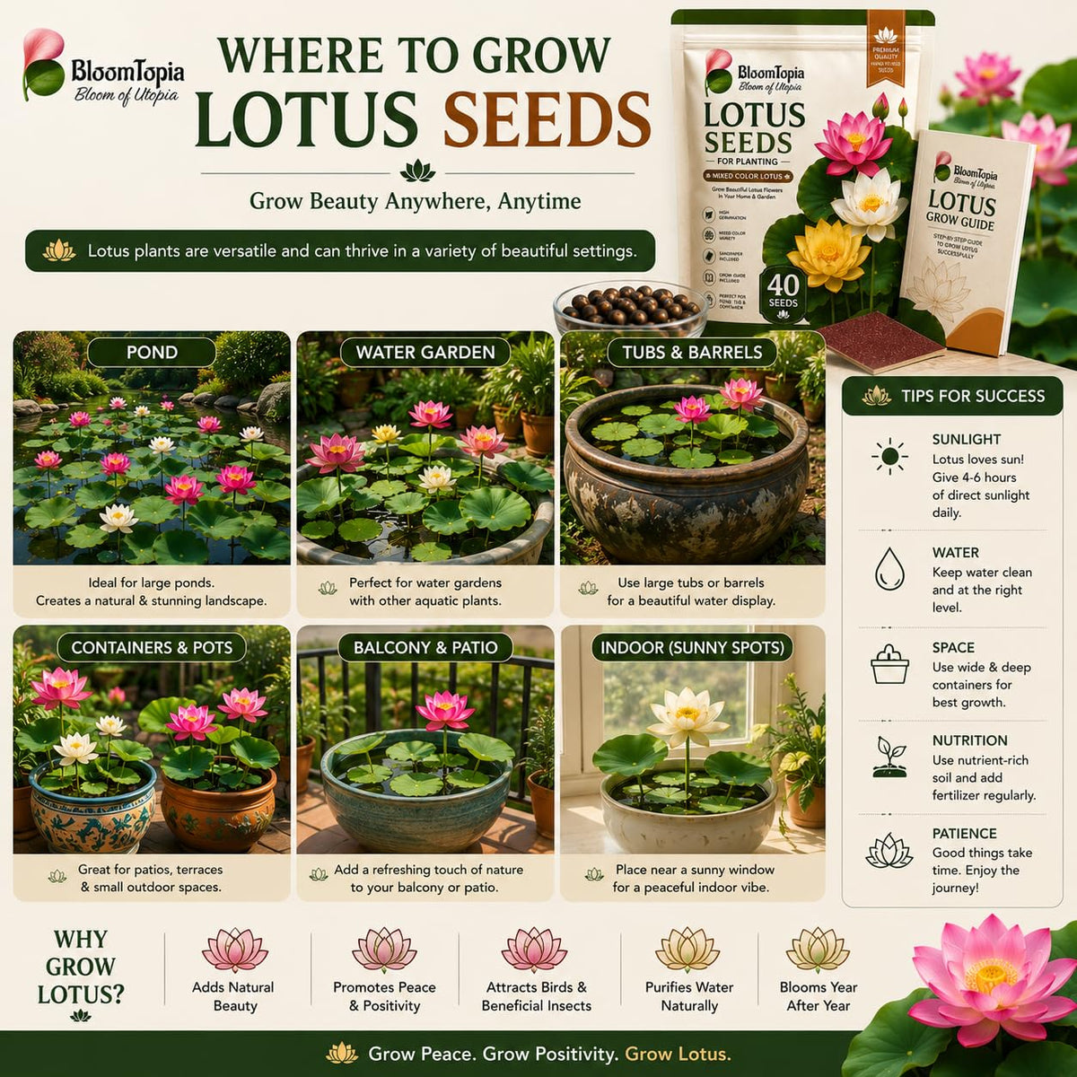 Lotus growing-location illustrations for outdoor containers and ponds.