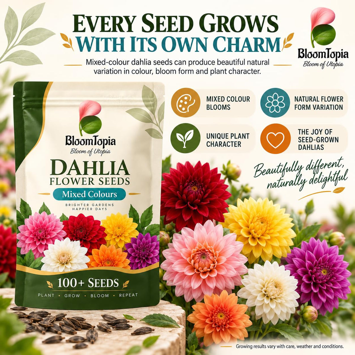 Illustration showing variation in seed-grown dahlia flowers.