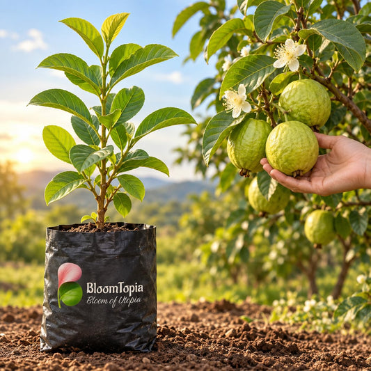 Illustration of a All Seasons Guava sapling in a nursery bag beside mature plant growth.