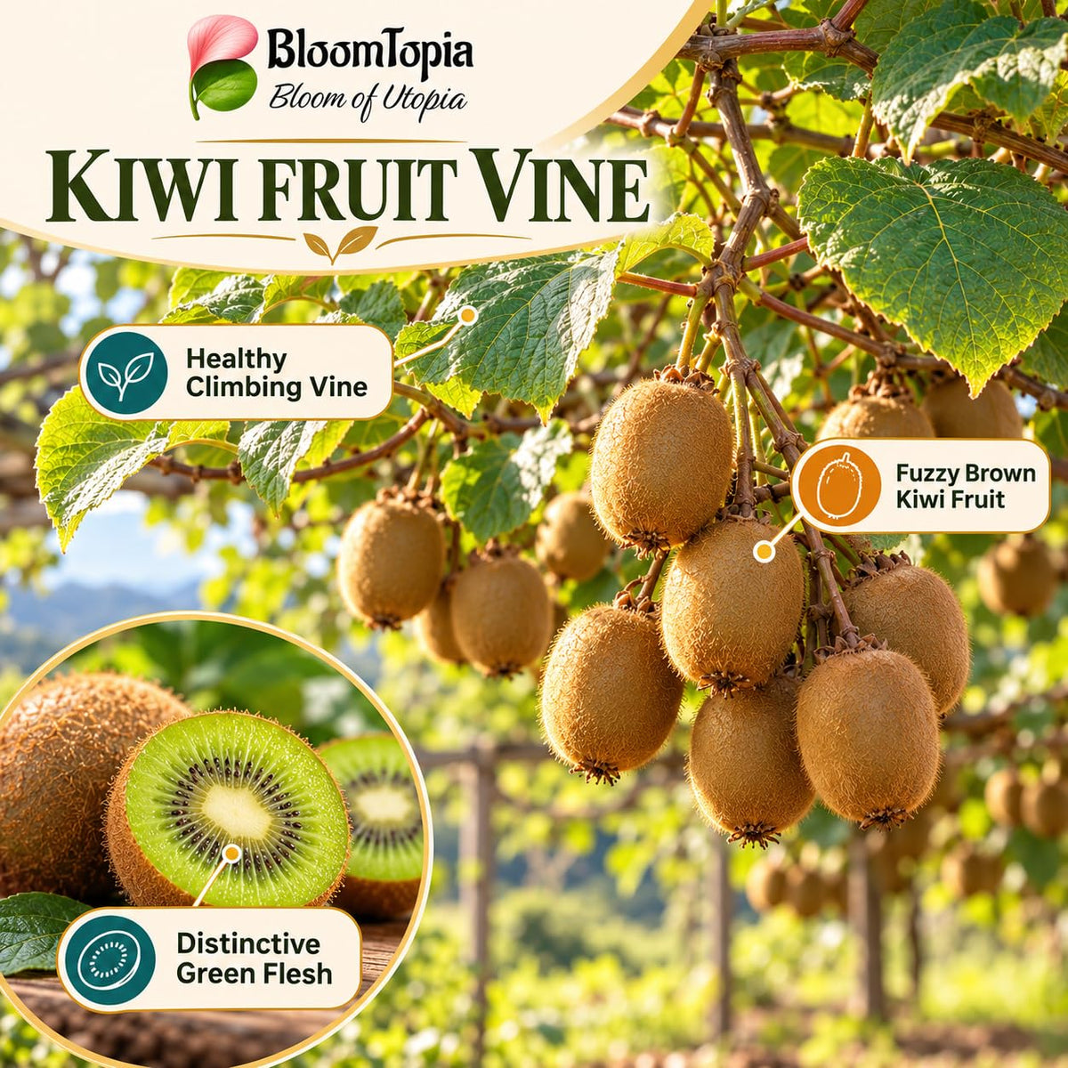 kiwi plant and fruit features illustration.