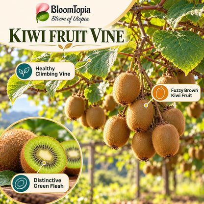 kiwi plant and fruit features illustration.