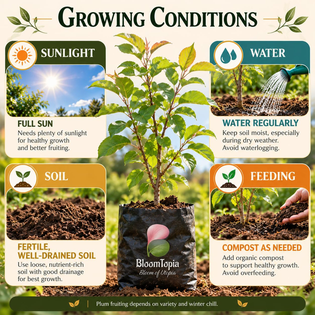 Sunlight, water, soil and feeding guide for Alubukhara Plum.