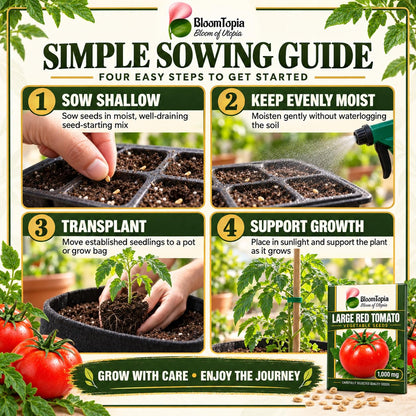 Large red tomato seed sowing steps.