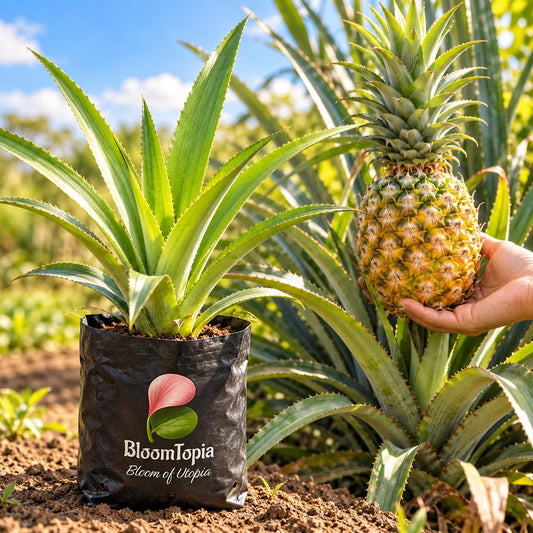 Illustration of a Pineapple (Ananas) sapling in a nursery bag beside mature plant growth.