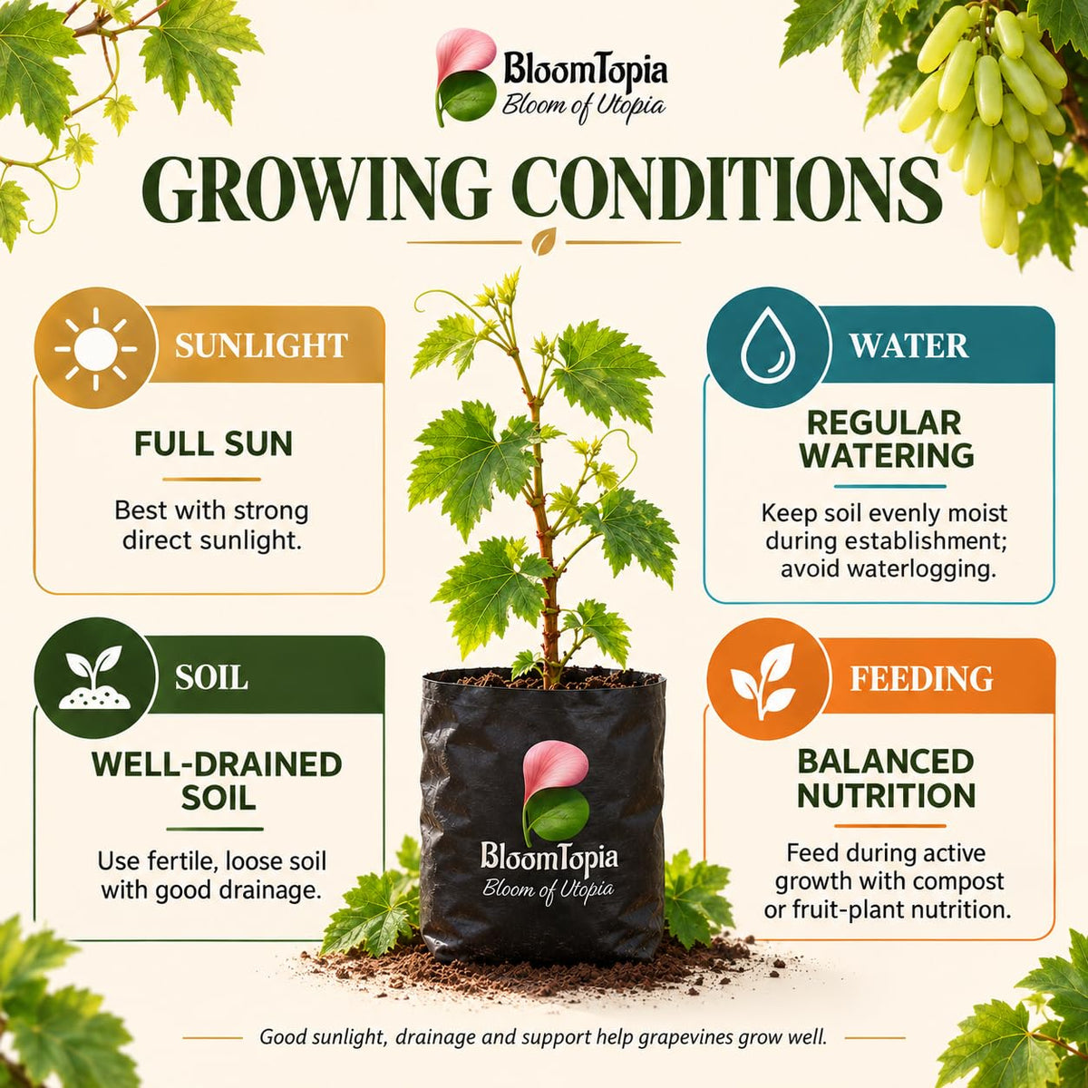 Sunlight, water, soil and feeding guide for Golden Green Grape.