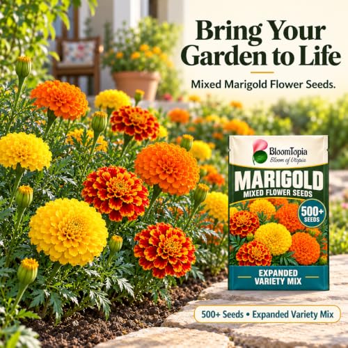Illustration of marigolds growing in garden beds and pots.
