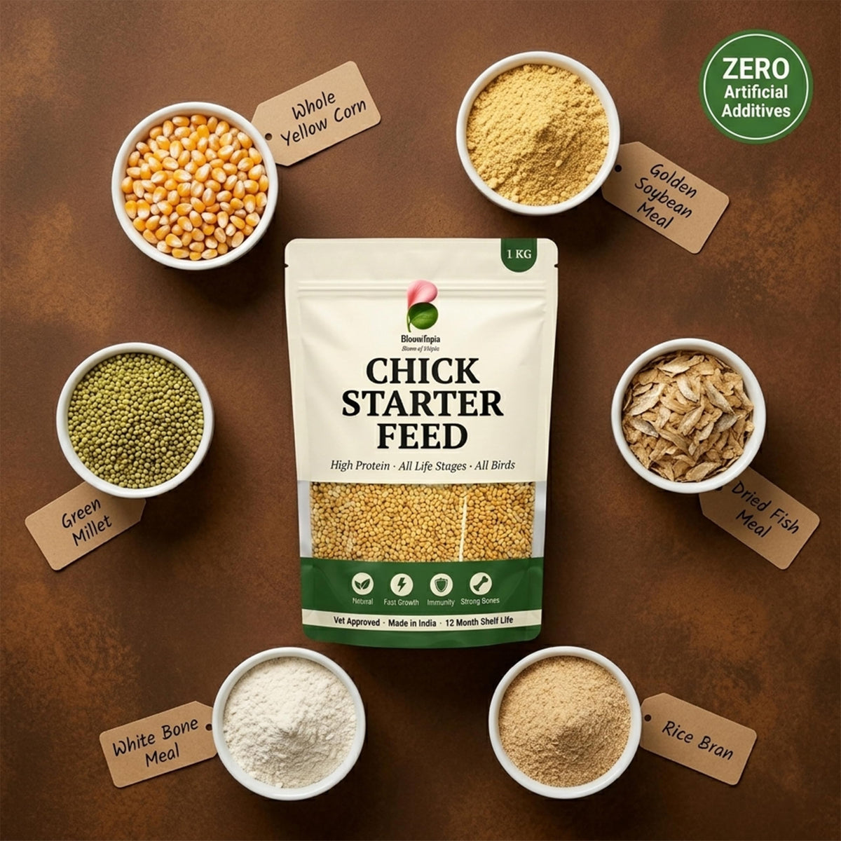 Poultry-feed package with ingredient illustrations.