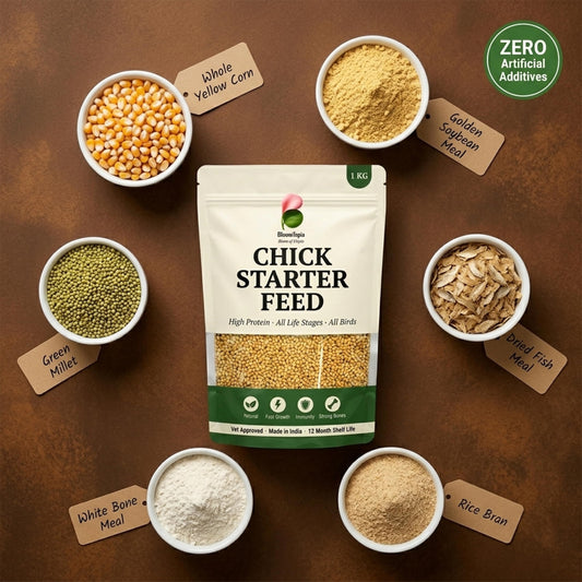 Poultry-feed package with ingredient illustrations.