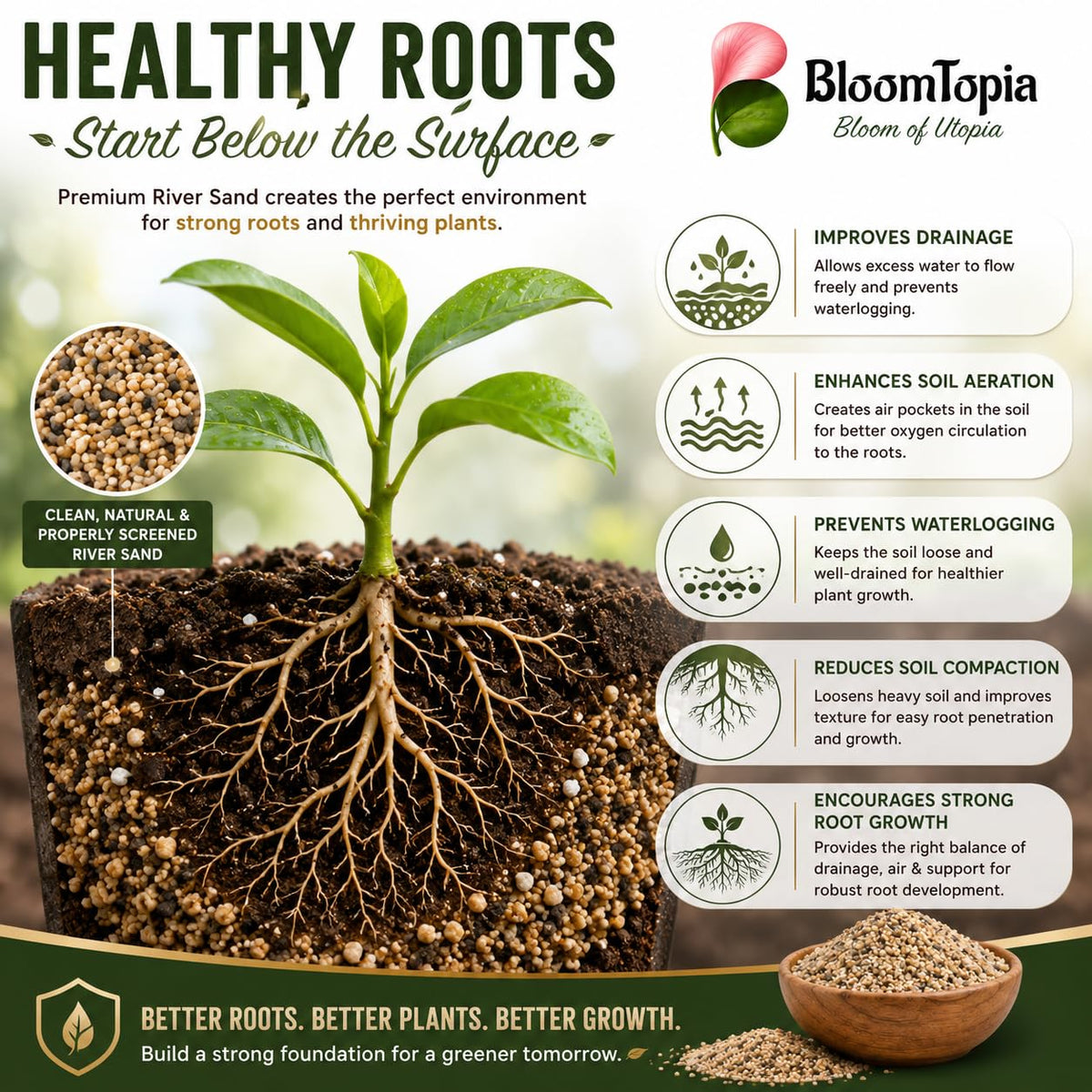 Plant roots in a soil and sand cross-section.