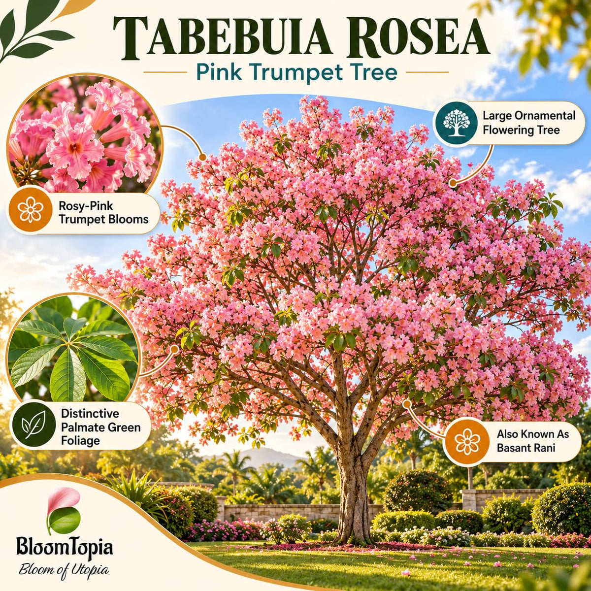 Illustration of mature Tabebuia Rosea Pink Trumpet Tree features with variety callouts.