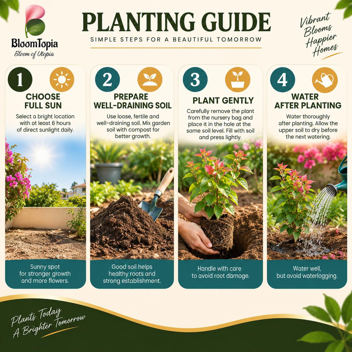 Step-by-step planting illustration for Bougainvillea.