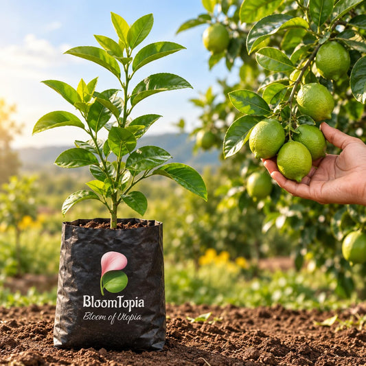Illustration comparing young Kagzi Lemon (Nimbu) nursery growth with a mature plant.