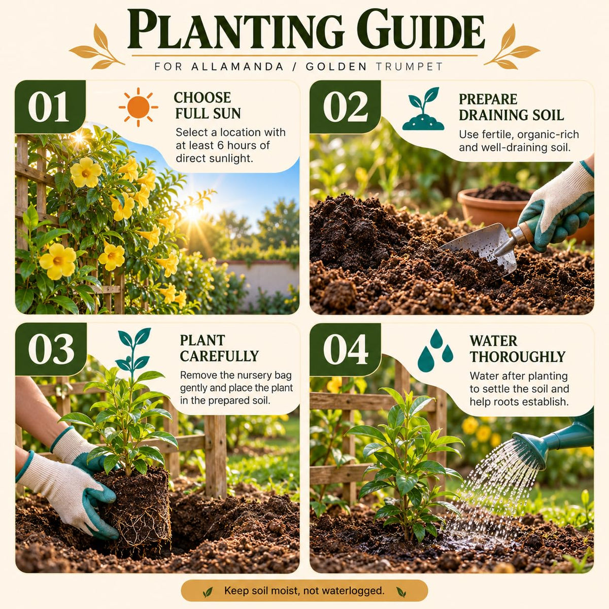Four-step planting illustration for Allamanda Golden Trumpet.