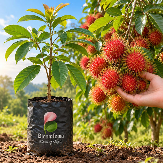 Illustration of a young rambutan plant beside mature fruit.